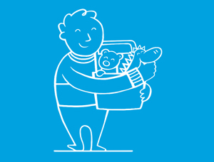 Une illustration sur fond bleu d’un enfant aux cheveux bouclés avec une boîte remplie de jouets dans ses bras.