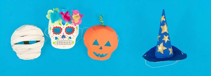 Masques de costume pour Halloween pour une momie, un crâne, une citrouille et des chapeaux de sorcières faits maison