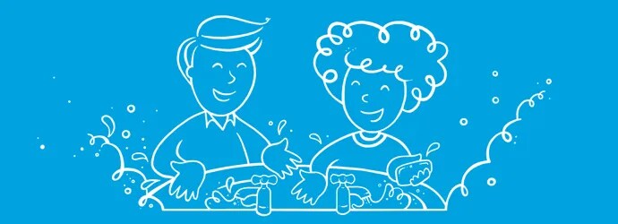 Kuvitettu mies ja nainen pesivät kätensä pesuallas