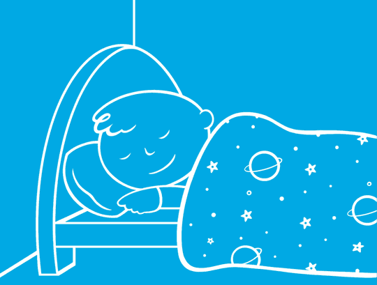 Un petit garçon dans un lit sous une couverture aux étoiles se réveille la nuit. Un wc apparaît dans une bulle de pensée