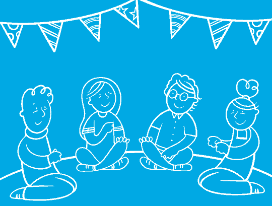 GIF animé illustrant quatre amis qui sont assis en cercle sous une guirlande décorative, avant qu’une participante se lève.