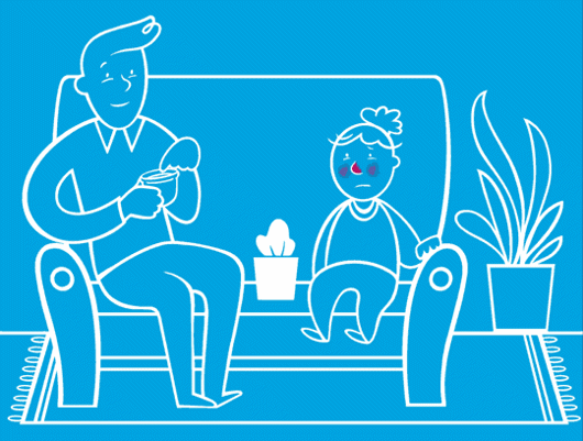 GIF animé d’un parent assis sur le canapé avec un enfant, lui appliquant du baume sur les zones rouges du nez et des joues.
