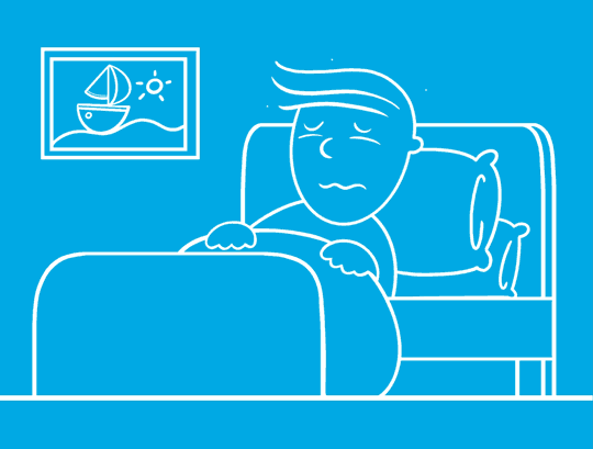 GIF illustré d’un homme triste dans son lit, qui retrouve le sourire après avoir été nourri.