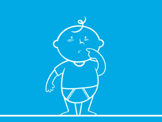 Un bébé surpris et une bulle avec un symbole de trois gouttes indiquant qu'il a fait pipi dans sa couche.