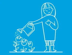 Une illustration sur fond bleu d’un enfant avec des cheveux longs, une robe et des bottes qui arrose des fleurs.