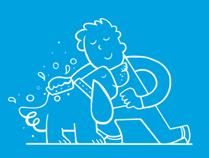 Une illustration sur fond bleu d’un enfant aux cheveux bouclés nettoyant son chien.